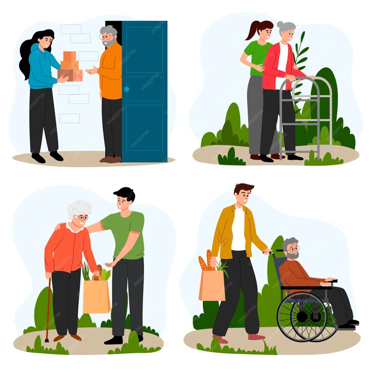 volunteers-take-care-elderly-people-women-men-deliver-boxes-old-man-support-old-woman-go-with-walker-help-retirees-with-walking-stick-wheelchair-bring-bags-with-food-vector-illustration_345238-1110